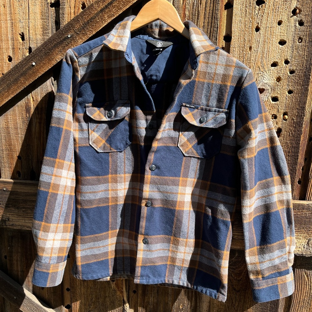 Volcom Blue Gray Brown Plaid Button-Down Shirt Jacket